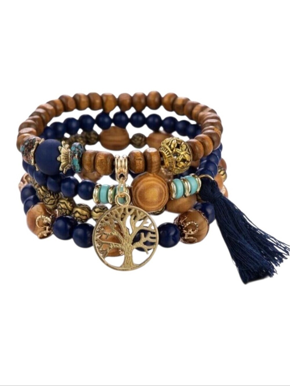 Tree Of Life Blue Beaded Layered Bracelet Set Tassel